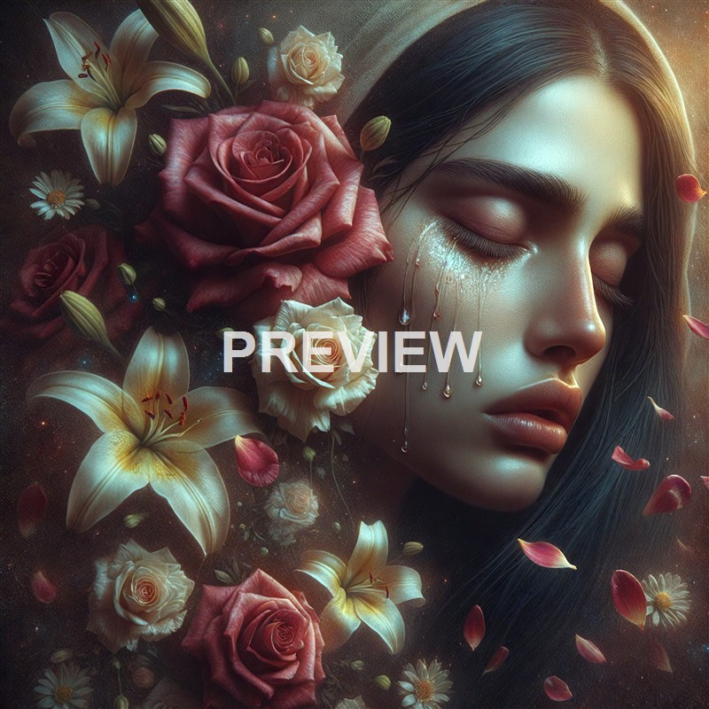 A woman's face with closed eyes surrounded by a variety of roses, lilies, and petals, with tears and a glowing, dreamy atmosphere.